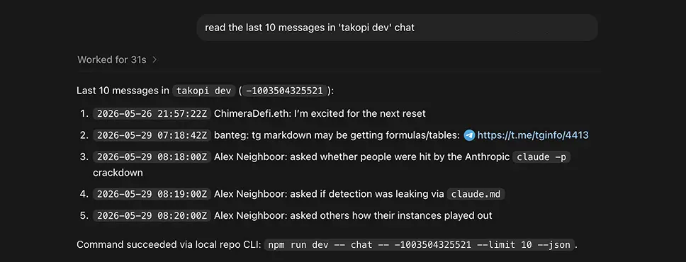 Local tgchats command-line workflow